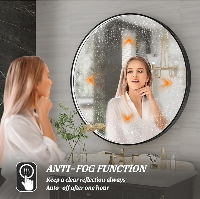 24 Inch Round LED Bathroom Mirror, Black Metal Framed Lighted Mirror for Bathroom, Wall Mouted LED Vanity Mirror with Lights, 3 Colors and Stepless Dimmable, Anti-Fog, Memory