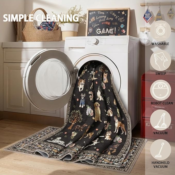 Black Floral Area Rug 4x6 for Bedroom Dining Room | Low Pile; Non Slip;Machine - Image 5