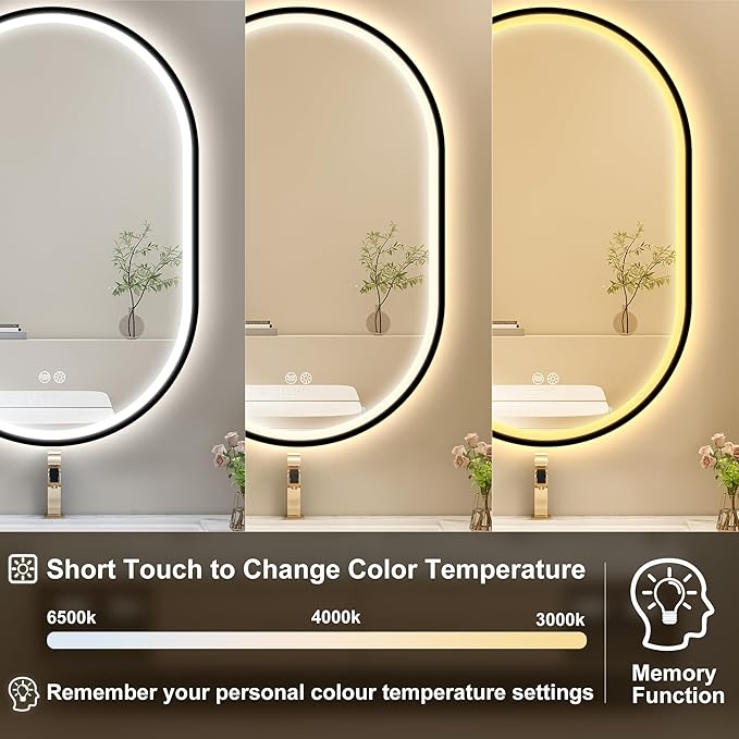 S'bagno 24x36 Oval Black LED Mirror for Bathroom with Frontlit & Backlit, LED Bathroom Mirror with Metal Frame, Anti-Fog, Stepless Dimmable, 3 Colors Temperature LED Vanity Mirror(Horizontal/Vertical)