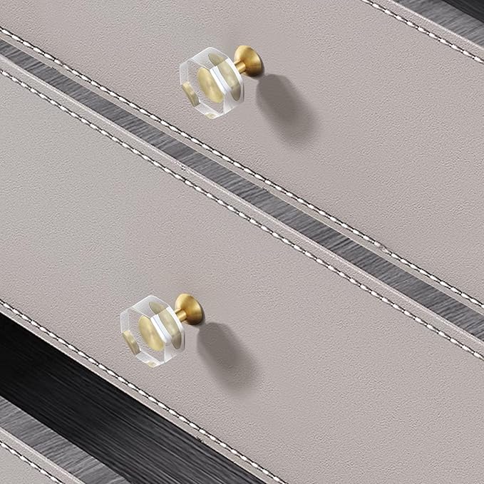 6-Pack 1-1/4-Inch Gold knob Dresser knobs White Cabinet Glass Crystal knobs Brass Drawer Polygonal Dresser Pulls, Drawer pulls