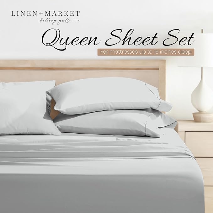 Linen Market Double-Brushed Microfiber Queen Sheet Set 4 Piece – Oeko-TEX Certified Ultra Soft & Wrinkle-Free - 16" Deep Pocket Sheets - Easy Care Queen Size - Light Gray