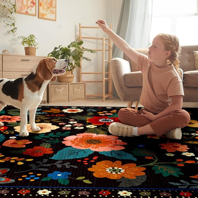 RELEANY Floral Washable 6x9 Area Rugs Black | Flower Carpet Print Boho Cute Non - Image 9