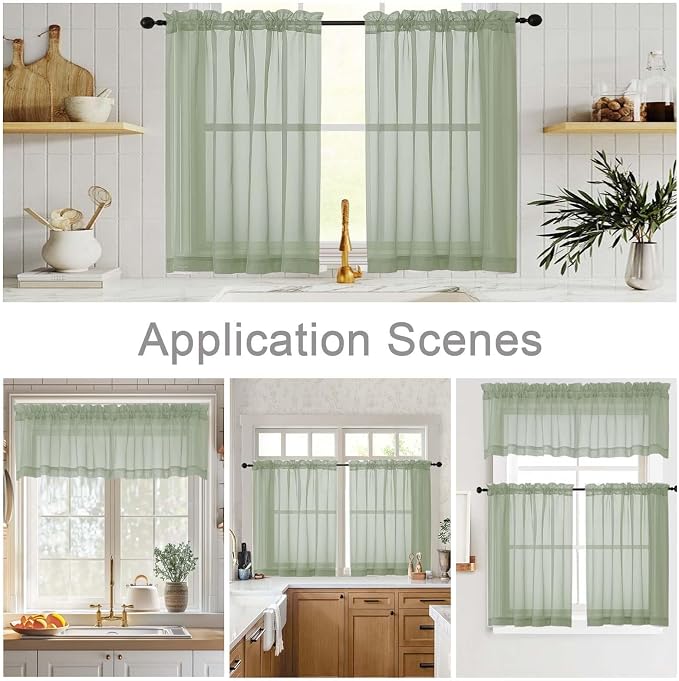 Sage Green Valances for Windows, Sheer Curtains 14 Inch Length 2 Pack Kitchen - Image 6