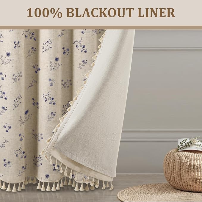 Boho Floral 100% Blackout Curtains 84 Inch 2 Panels Dark Blue | Farmhouse - Image 6