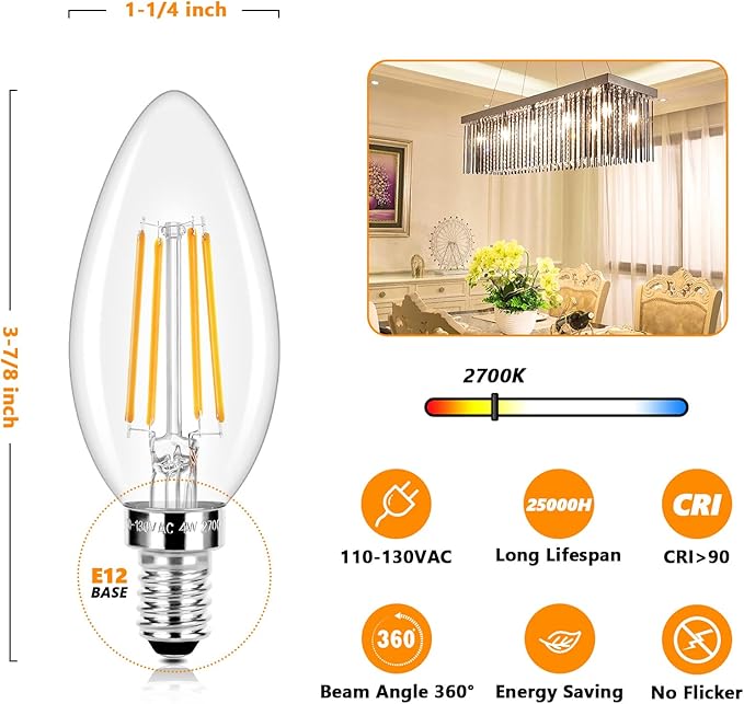 E12 LED Candelabra Bulbs 40 Watt Equivalent, 4W Vintage Candle Light Bulbs Dimmable, 470Lm Warm White 2700K B11 Edison Bulb, Filament Clear Glass Lamp Bulb for Chandelier Ceiling Fan(10 Packs)