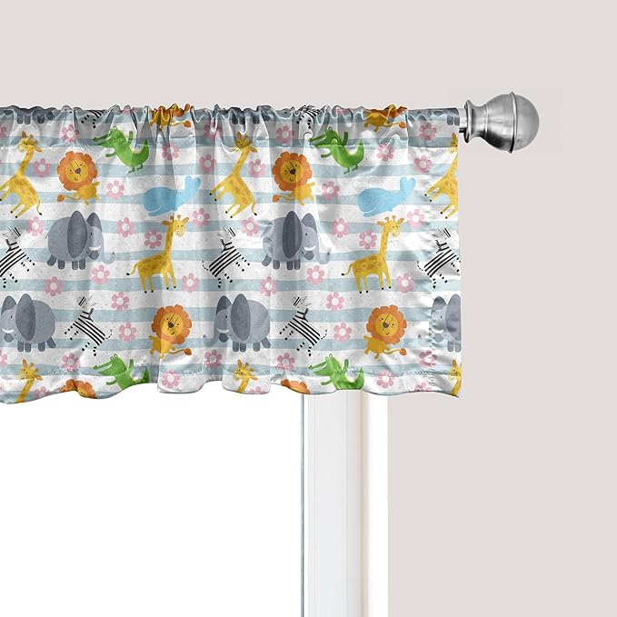 Ambesonne Savannah Window Valance, Friendly Zoo Animals with Happy Faces Cartoon Characters on Stripes Print, Curtain Valance for Kitchen Bedroom Decor with Rod Pocket, 42" x 12", Pale Azure Blue