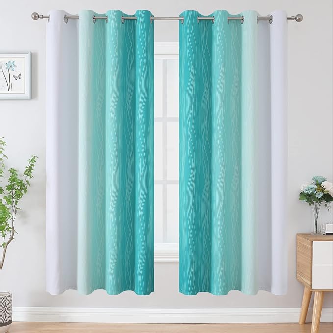 Teal and Grayish White Ombre Blackout Curtains - Image 2
