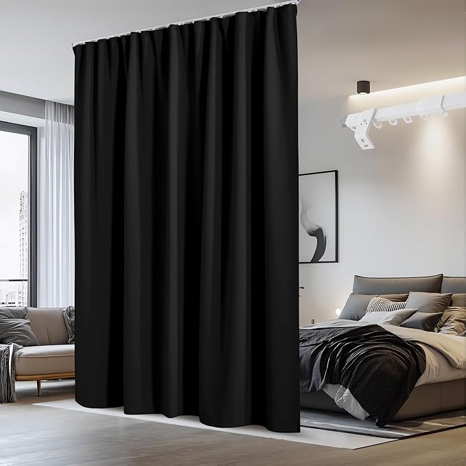 NICETOWN Blackout Curtain with Ceiling Track Set, W100 xL96 Room Divider Curtain for Sliding Door/Patio, Thermal Insulated Room Darkning Drape for Bedroom/Hospital Privacy, 1 Panel, Black