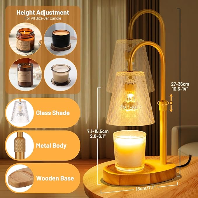 Candle Warming Lamp with Timer : Adjustable Light Level Adjustable Height Flameless Safety Candle Lamps - Jar Candles Home Decoration White