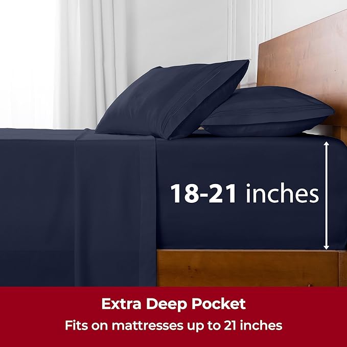 Mellanni Extra Deep California King Sheets - 4 PC Iconic Collection Bedding - Hotel Luxury, Ultra Soft, Cooling Bed Sheets - Wrinkle, Fade, Stain Resistant (Cal King, Navy Blue)
