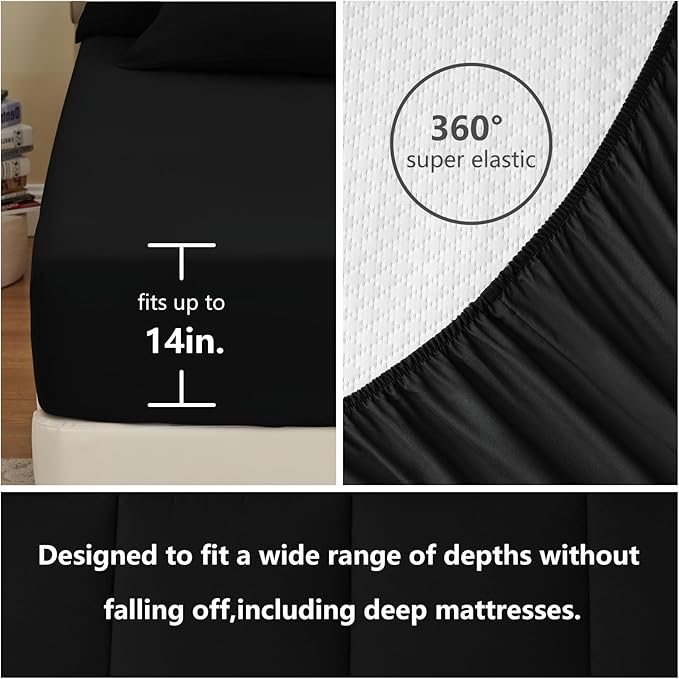 CozyLux King Size Comforter Set Black, 7 Pieces Bed in a Bag, Black Comforter King Size, All Season Bedding Sets with Stitch Quilted Comforter, Flat Sheet, Fitted Sheet, Pillowcases