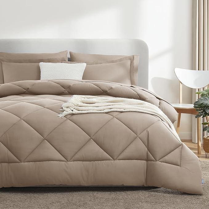 CozyLux Full Size Comforter Sets Khaki - 7 Pieces Bed in a Bag Full, Luxury Soft Bed Set for All Seasons, Bedding Set with Down Alternative Comforter, Sheets, Pillowcases & Shams