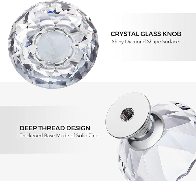 Ravinte 5 Pack Crystal Drawer Knobs - Glass Cabinet Knobs, Diamond Shaped, 30 mm with Silver Base