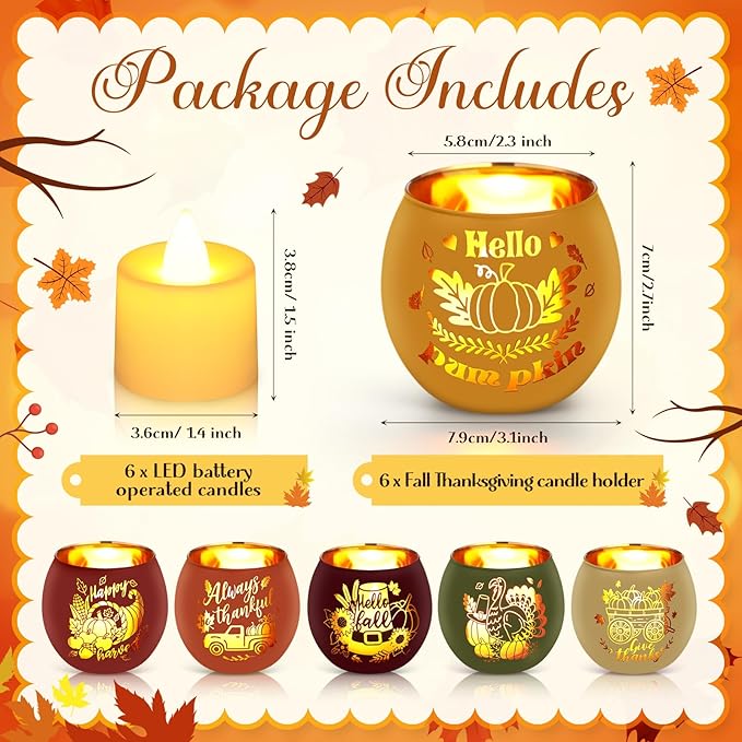 VIHOSE 6 Set Thanksgiving Votive Candle Holders with 6 LED Battery Operated Candles Fall Glass Tealight Holders Fall Table Decorations for Home Table Centerpiece Decor Gifts