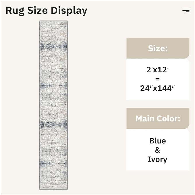 Soalmost Runner Rug 2x12 Washable Hallway Kitchen Runners Blue/Ivory | Non-Slip - Image 5