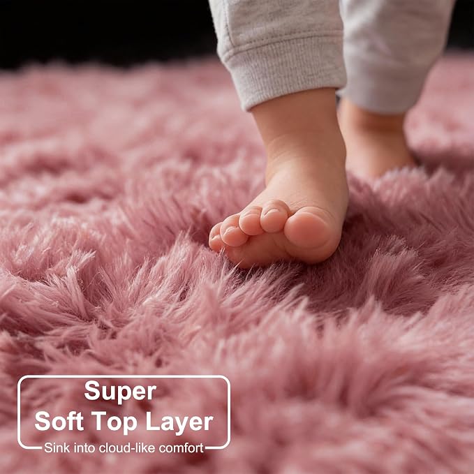 Amdrebio Blush Pink Small Round Furry Rug 3Ft - Image 4
