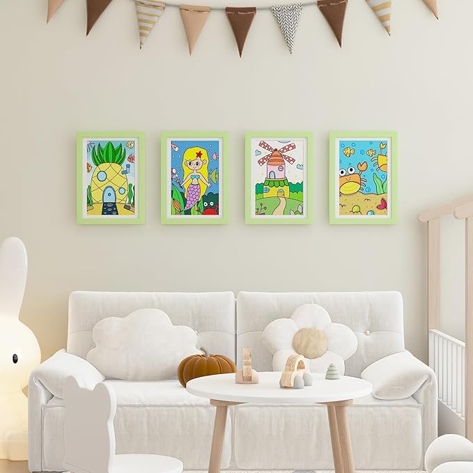 KINLINK A4 Kids Art Frames Set of 2, Solid Wood Kids Artwork Frames Changeable with Acrylic Front Opening Holds 150 Pictures, Art Frame for Kids Artwork with Mat or without Mat, Light Green