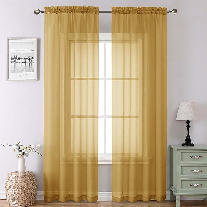 Gold Sheer Curtains 90 Inches Long 2 Panels, Breathable Solid Voile Light by Lecloud
