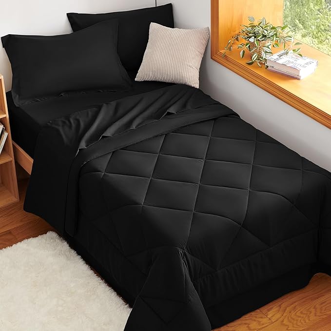 CozyLux Twin XL Comforter Set Black - 5 Pieces Twin Extra Long Bed in a Bag for College Dorm, All Season Bedding Set for Girls and Boys, Soft Bed Set with Comforter, Sheets, Pillowcase & Sham