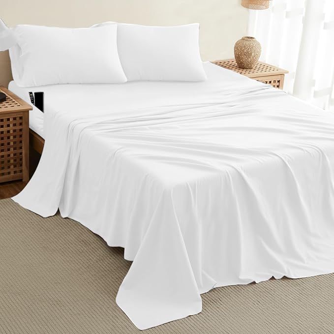 DREAMCARE Full Size Sheets - Cooling Bed Sheets - 4pcs Set - up to 15" Deep Pocket Full Sheet Set - Sheets Full Size Bed - Soft & Long Lasting 100% Fine Brushed Polyester with Side Pocket - White