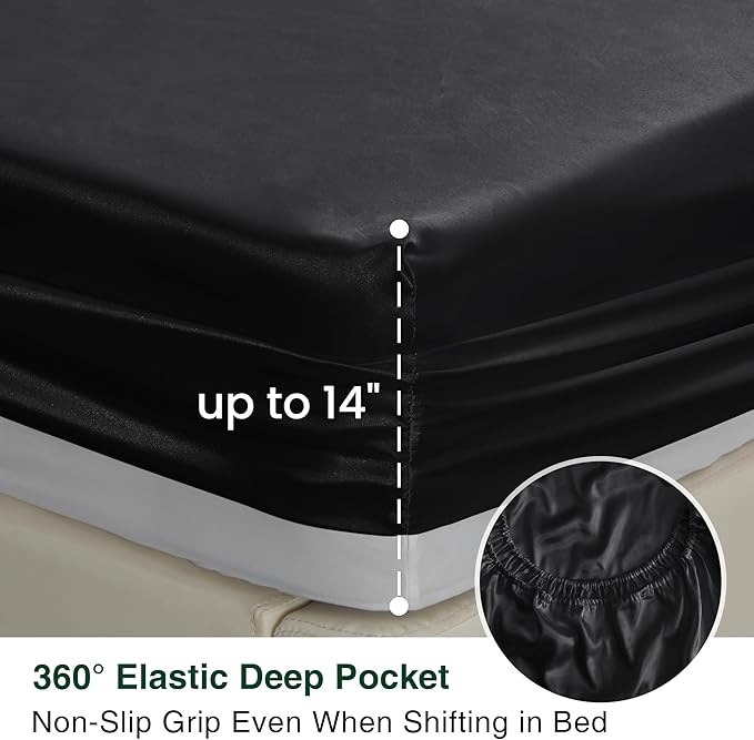 Love's cabin Satin King Sheet Sets - 4 Piece Black Silky Sheets King Size Bed Set with Deep Pocket, Luxury Silk Feel King Size Satin Sheet Set (1 Flat Sheet,1 Fitted Sheet,2 Pillow Cases)
