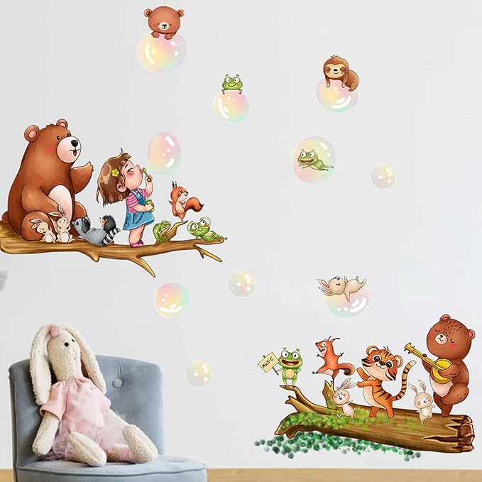 Cute Animal Wall Stickers Decals Kid Room Nursery Baby Bedroom Décor (Girl Blowing Bubbles)