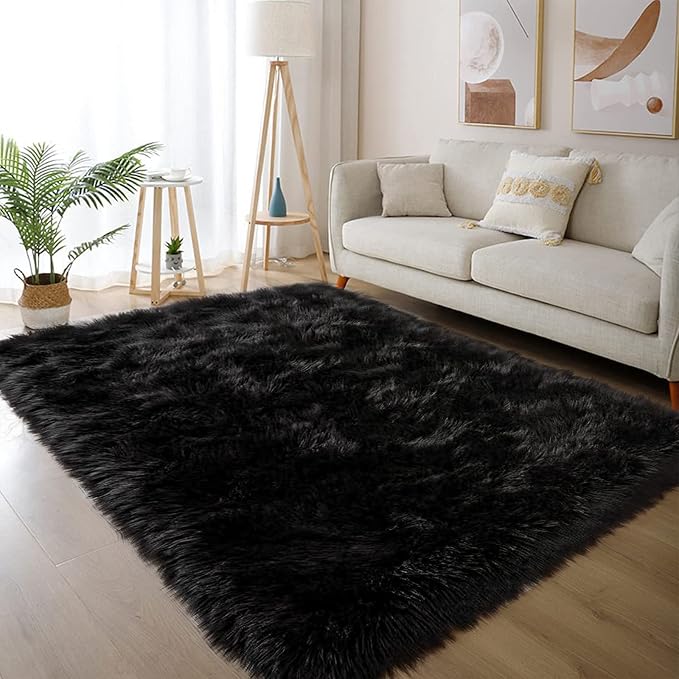 Latepis Black Faux Fur 4'x5'10" Area Rug, Soft Plush Faux Fur Sheepskin Rugs by Latepis
