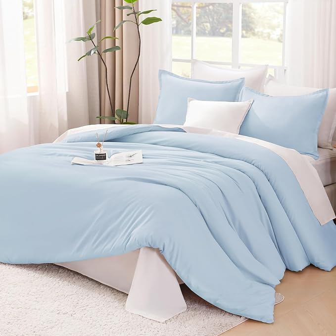 Litanika Comforters Light Blue Queen Size, 3 Pieces Lightweight Solid Bedding Comforter Set, All Season Fluffy Bed Set (90x90In Comforter & 2 Pillowcases)