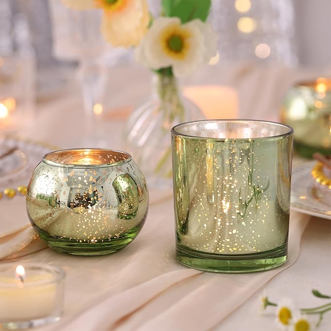 20 Pcs Assorted Green Votive Candle Holders, Larger Size Mercury Glass Candle Holder Bulk, Glass Votive Holder for Wedding, Tea Candle Holders for Christmas Decor, Sage Green Centerpieces for Table