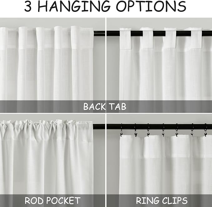 Off White Linen Blend Semi Sheer Curtains 86 Inches Long 2 Panel Set Pocket - Image 3