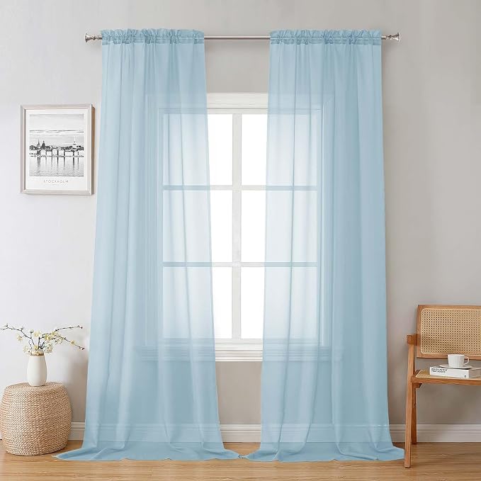 Sky Blue Sheer Curtains 96 Inches Long 2 Panels, Light Filtering Voile Solid by Lecloud