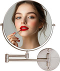 OVENTE 9" Wall Mounted Makeup Mirror with 1X/10X Magnification, Double Sided Magnifying Round Bathroom Vanity Mirror, 360° Swivel Design, Extendable and Folding Arm, Nickel Brushed MNLFW90BR1X10X