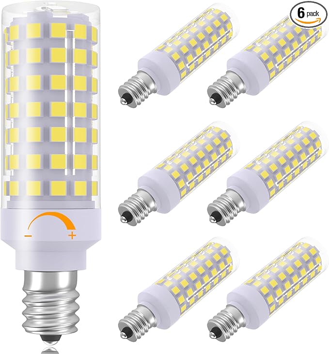 E12 LED Candelabra Bulbs Dimmable, 7W C7 Bulb Equivalent to E12 Halogen Bulb 60W, Daylight White 6000K, T6 E12 Candelabra Base, AC120V E12 Light Bulbs for Ceiling Fan, Chandelier Lighting, 6 Pack