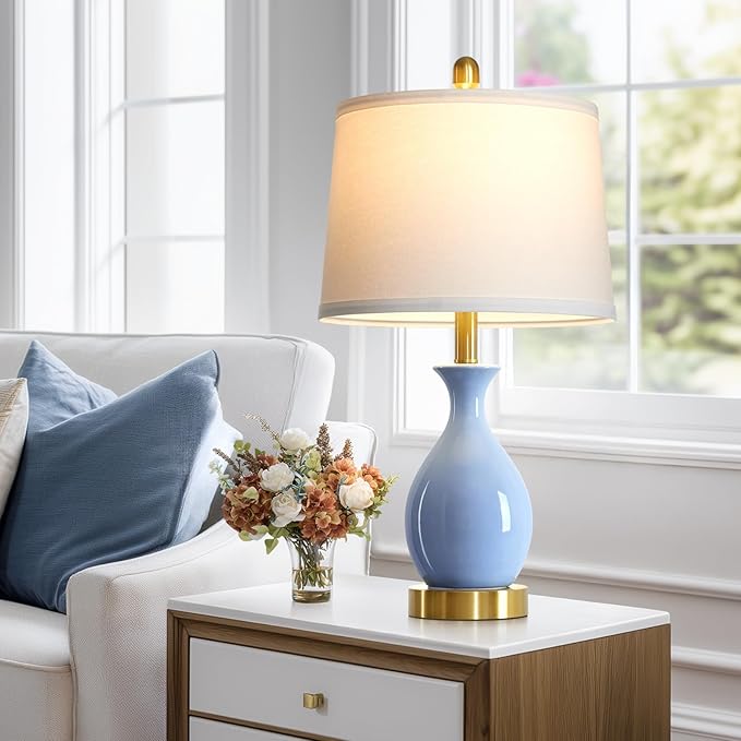 24″ Light Blue Ceramic Table Lamps Set of 2, Modern Classic Bedside Lamps for Bedroom Nightstand, Small Table Lamp for Living Room Side Table (2 LED Bulbs Included)