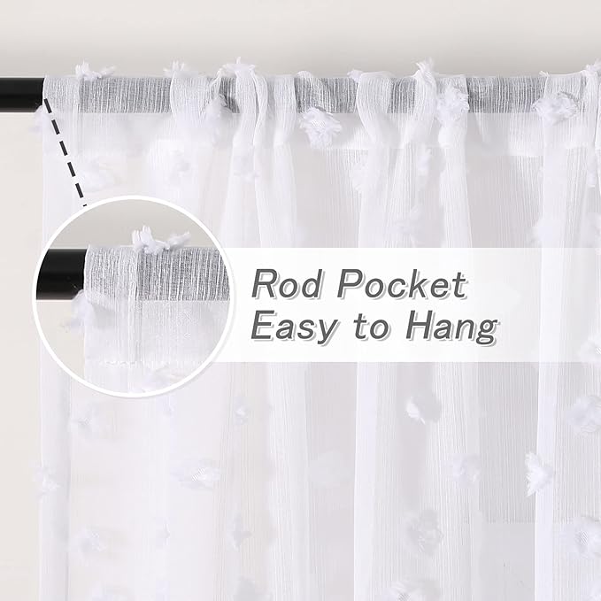 MYSKY HOME Pom Pom White Sheer Curtains for Bedroom Girls Room Curtains 63 inch Length for Nursery Kids Light Filtering Boho Window Drapes, Rod Pocket, 38" Wide, 2 Panels