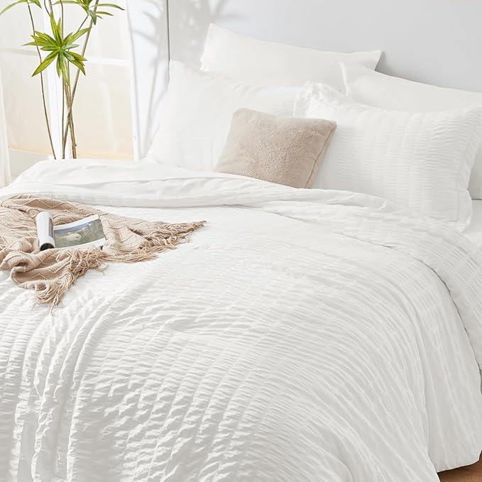 CozyLux Twin XL Seersucker Comforter Set with Sheets White 5 Pieces Bed in a Bag Twin Extra Long Luxury Soft Bedding Sets for College Dorm with Down Alternative Comforter, Sheets, Pillowcase & Sham