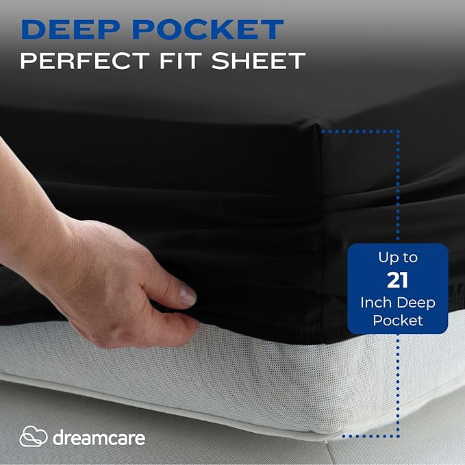 DREAMCARE Full Size Sheets – 4 pcs Cooling Sheets – up to 21” Deep Full Sheet Set – Hotel Luxury Sheets & Pillowcases – Superior Softness 100% Fine Microfiber with Side Pocket – Black