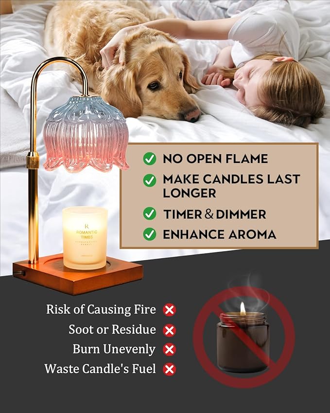 Candle Warmer Lamp with Timer & Dimmer, Candle Lamp Warmer Adjustable Height, Gifts for Women Mom Birthday Christmas, House Warming New Home Bedroom Decor,Lotus Flower Wax Warmer for Jar Candles