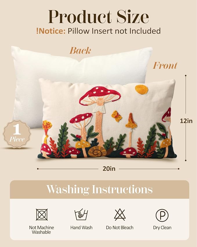 Embroidered Lumbar Pillow Cover 20x12 Inch, Mushroom Moon | Decorative Throw - Image 4