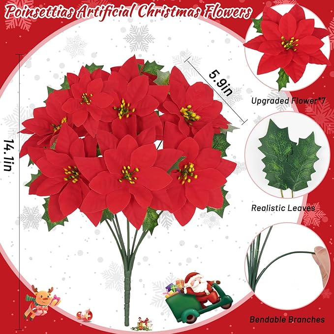 Christmas Decorations - 12 Pack Poinsettias Artificial Christmas Flowers, Fake Red Velvet Artificial Poinsettias Flowers for Christmas Tree Home Party Porch Yard Indoor Outdoor Decor