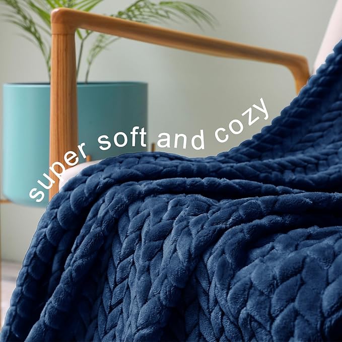 Exclusivo Mezcla Fleece Throw Blanket for Couch, 50x70 Inches Soft Cozy Jacquard Flannel Blankets, Lightweight Fuzzy Plush Warm Throws for Winter, Navy Blue