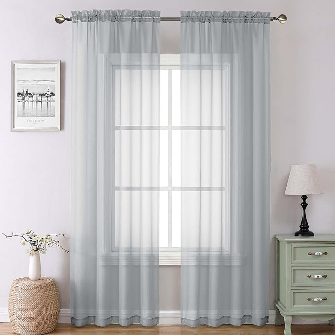 Light Grey Sheer Curtains 90 Inches Long 2 Panels, Light Filtering Voile Airy by Lecloud