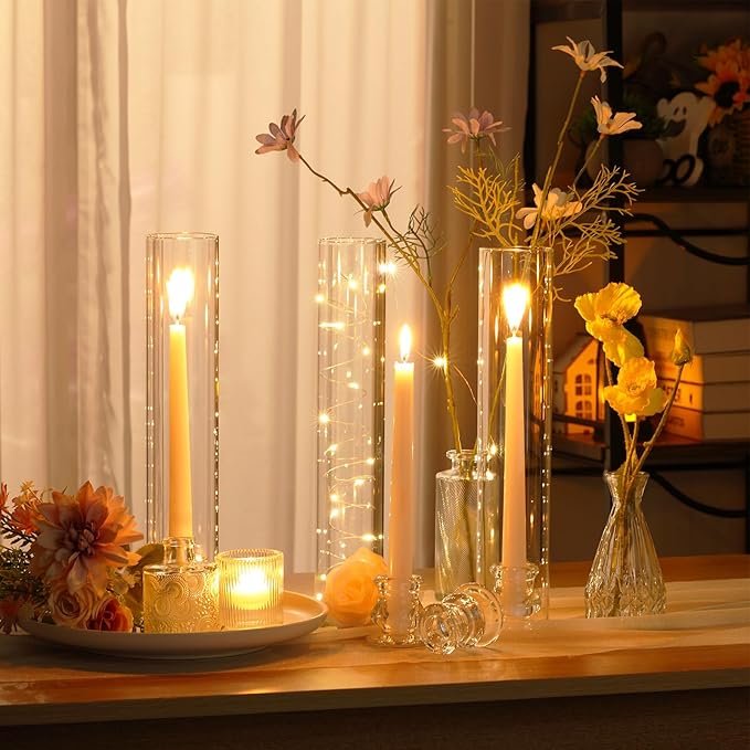 60 Set Christmas Glass Hurricane Candle Holders 12.6" Open Ended Glass Candleholder Tube Shape Bottomless and 2.2" Taper Clear Candlestick Holders for Wedding Party Table Centerpiece (Clear)
