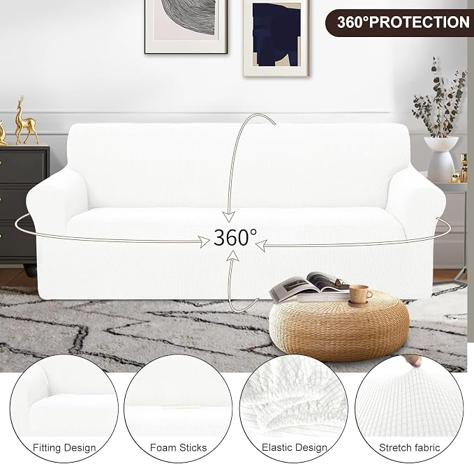 U-NICE HOME Oversized Stretch Couch Cover Slipcover, Ivory White | 3 Cushion - Image 3