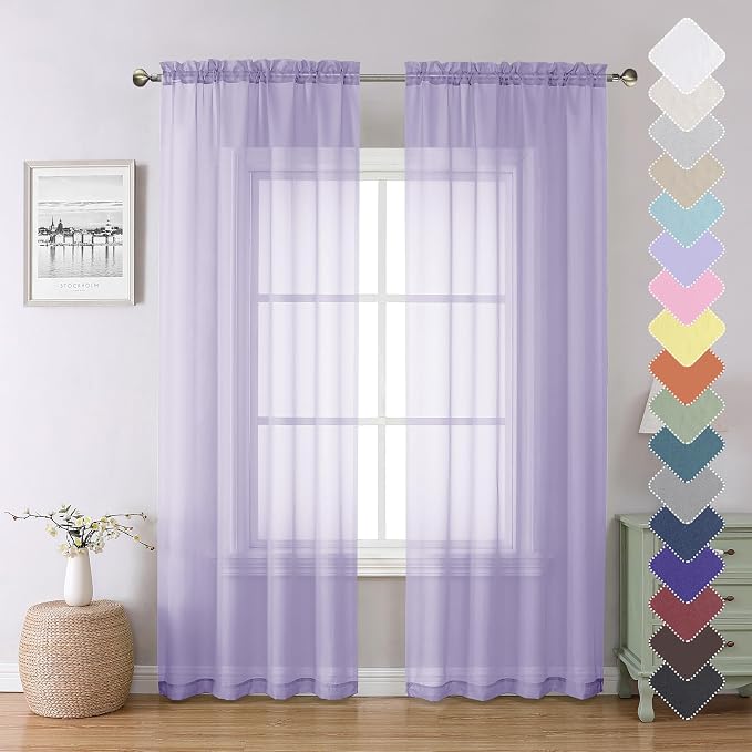 Light Purple Sheer Curtains 84 Inches Long 2 Panels, Double Rod Pocket Window by Lecloud