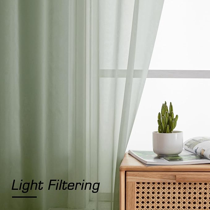 Sheer Curtains, Sage Green Sheer Curtains 78 inch Length 2 Panels Set, Rod - Image 2