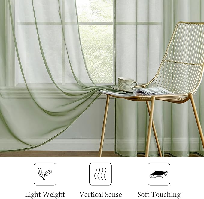 MIULEE Sage Green Sheer Curtains 54 X 72 Inches, 2 Panels | Elegant Window - Image 4