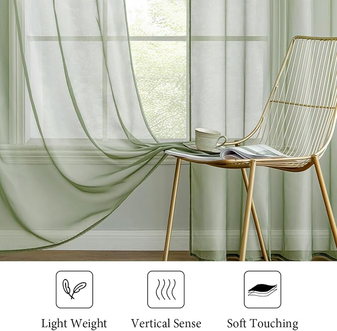 MIULEE Sage Green Sheer Curtains 54 X 45 Inches, 2 Panels | Elegant Window - Image 4