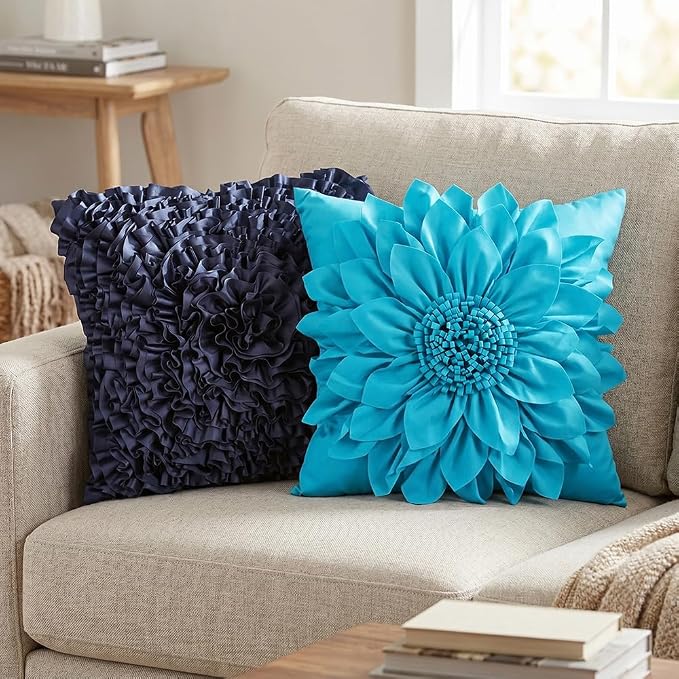 Teal Blue Accent Flower Decorative Throw Pillow Covers - Image 7