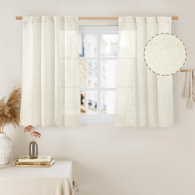 Semi Sheer Linen Curtains 40 Inch Length Cream Ivory 34 x 40 Inch | Light by LAMIT